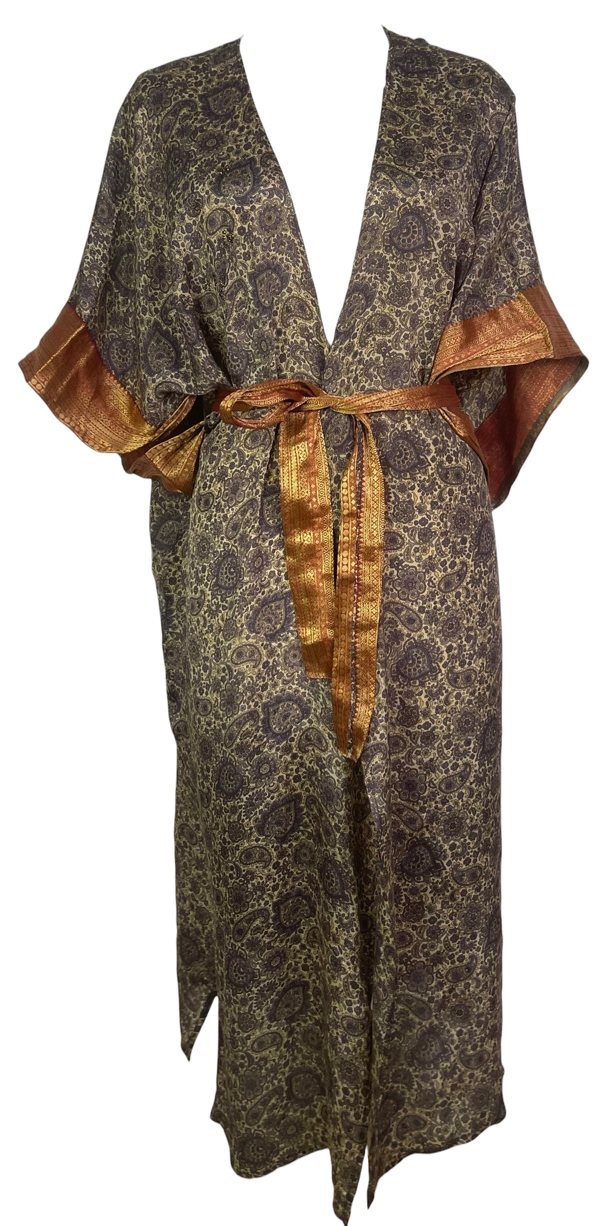 PRC8554 Avatar Long Pure Silk Kimono Sleeved Duster with Belt