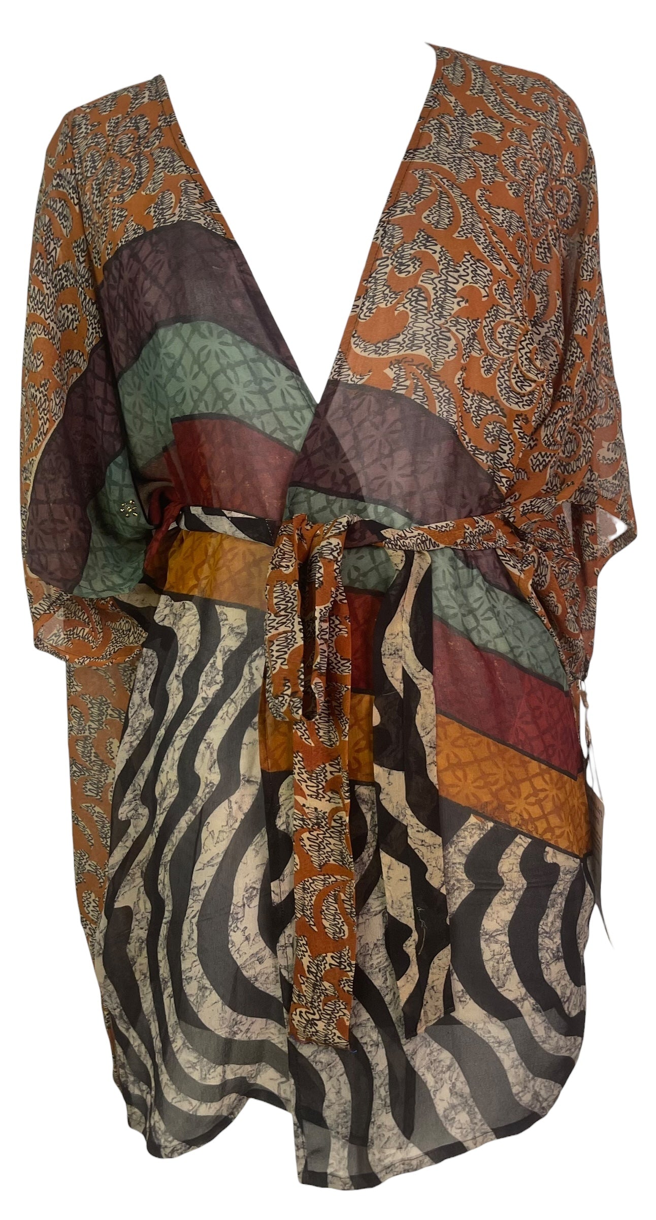 PREVIEW PRG8523 Sheer Wabi Sabi Pure Silk Kimono-Sleeved Jacket with Belt by MARCH2026 – Handmade ethical Short Kimono from sariKNOTsari using upcycled silk. Designed in Canada for travel and slow fashion, loved from Toronto to LA to Sydney. Featuring Zsiska, Bryn Walker and Artisan Leather coats by Rejean Pepin, Pepin designs