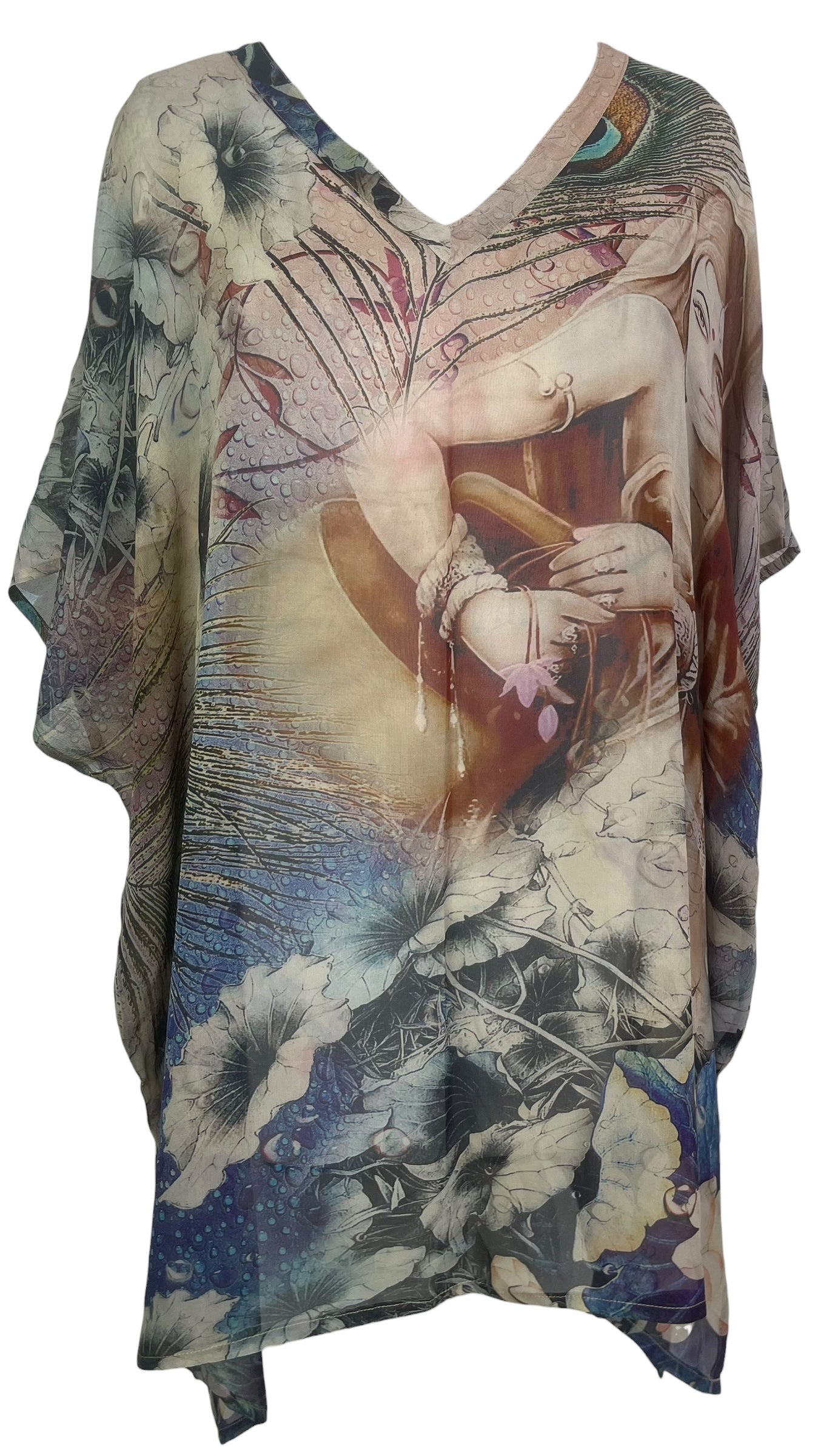 PREVIEW PRG8580 Sheer Wabi Sabi Pure Silk Short Kaftan Tunic With Slits by FEBRUARY2026 – Handmade ethical Short Kaftan from sariKNOTsari using upcycled silk. Designed in Canada for travel and slow fashion, loved from Toronto to LA to Sydney.