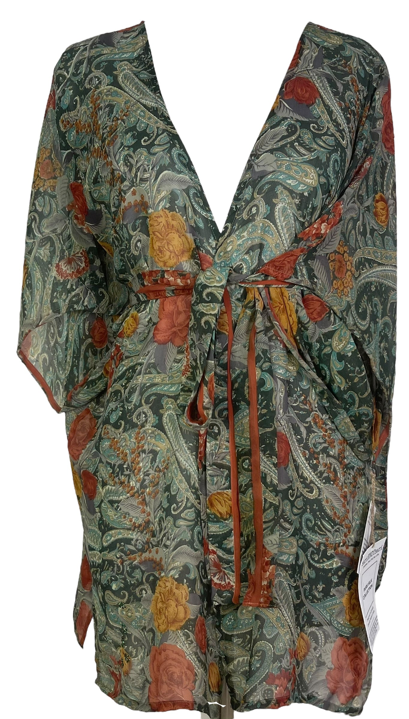 MARKETING PRG7876  Sheer Avatar Pure Silk Kimono-Sleeved Jacket with Belt by MARKETING – Handmade ethical Short Kimono from sariKNOTsari using upcycled silk. Designed in Canada for travel and slow fashion, loved from Toronto to LA to Sydney.