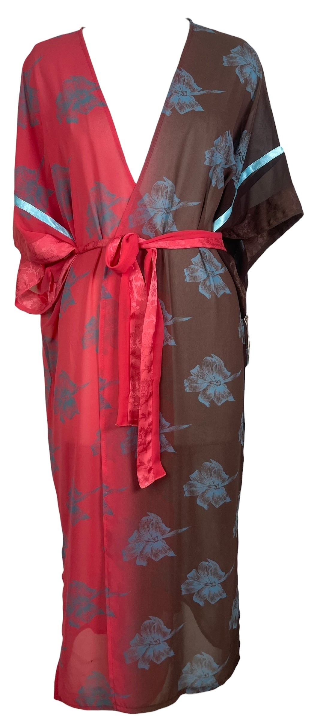 PRG8567 Sheer Avatar Long Pure Silk Kimono Sleeved Duster with Belt