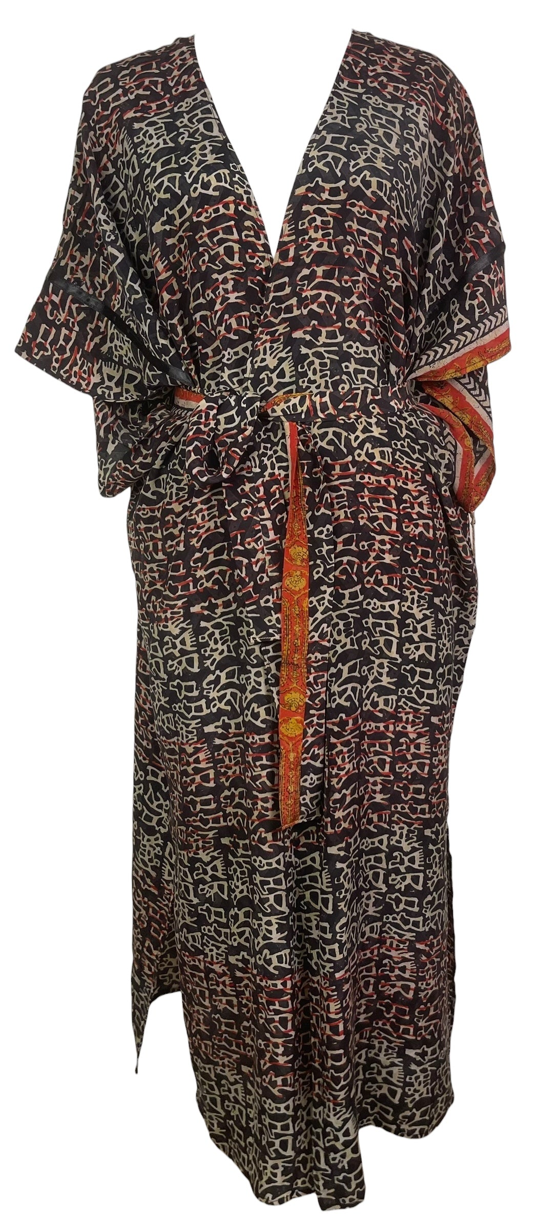 PRC8549 Avatar Long Pure Silk Kimono Sleeved Duster with Belt