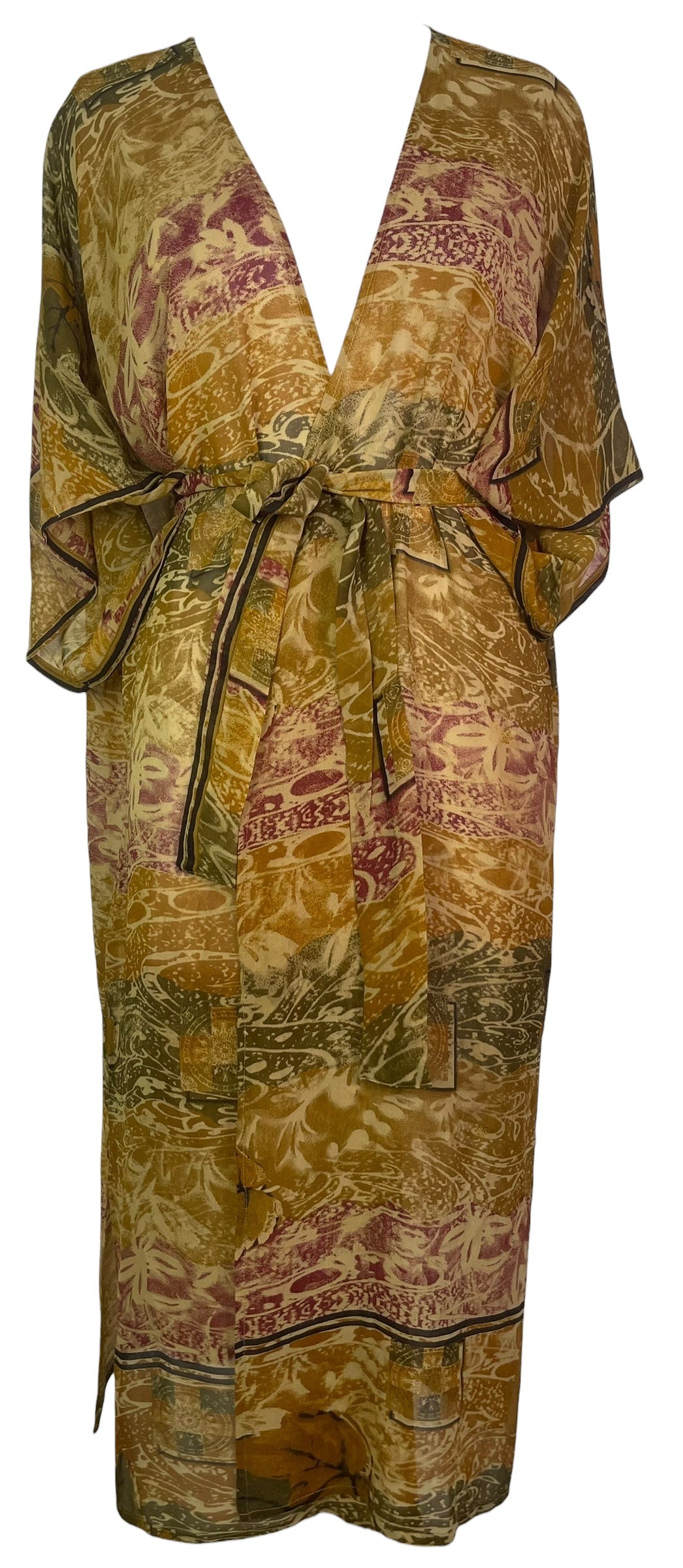 PRG8573 Sheer  Wabi Sabi Pure Silk Kimono Sleeved Duster with Belt