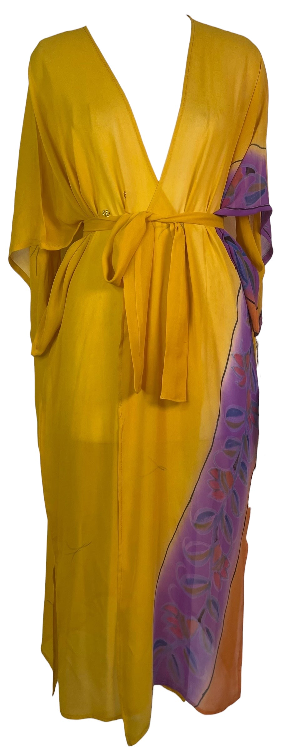 PRG8561 Sheer Avatar Long Pure Silk Kimono Sleeved Duster with Belt