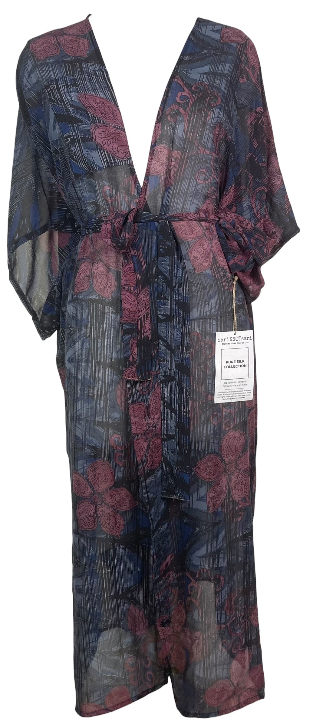 PRG8572 Sheer Avatar Long Pure Silk Kimono Sleeved Duster with Belt