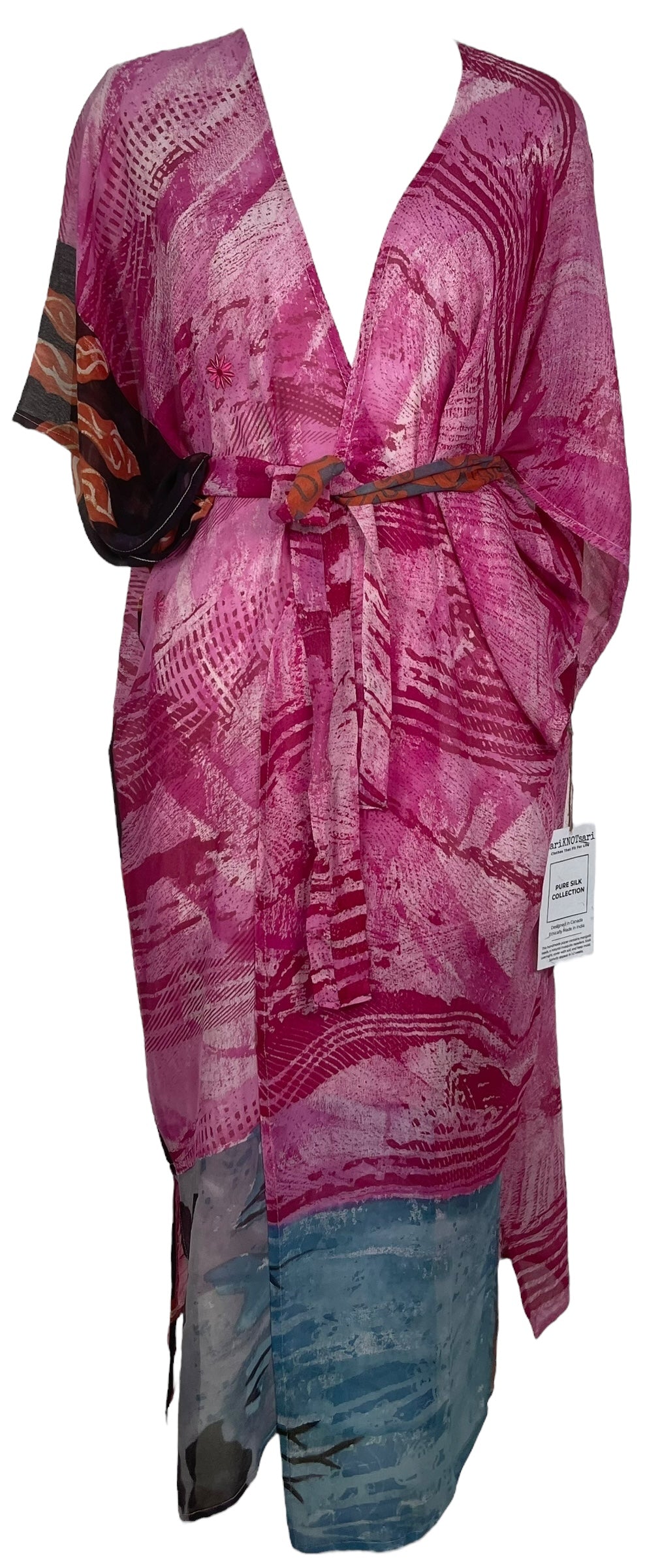 PRG7651 Sheer Avatar Long Pure Silk Kimono Sleeved Duster with Belt