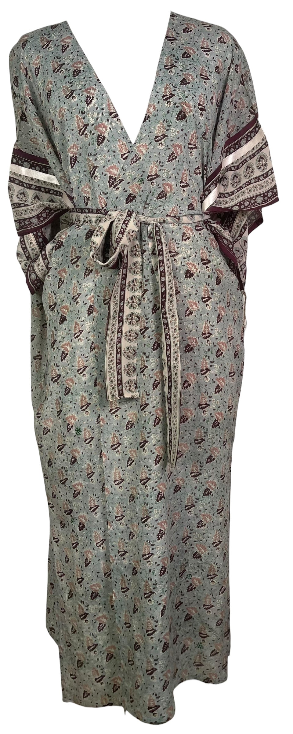 PRC8542 Avatar Long Pure Silk Kimono Sleeved Duster with Belt