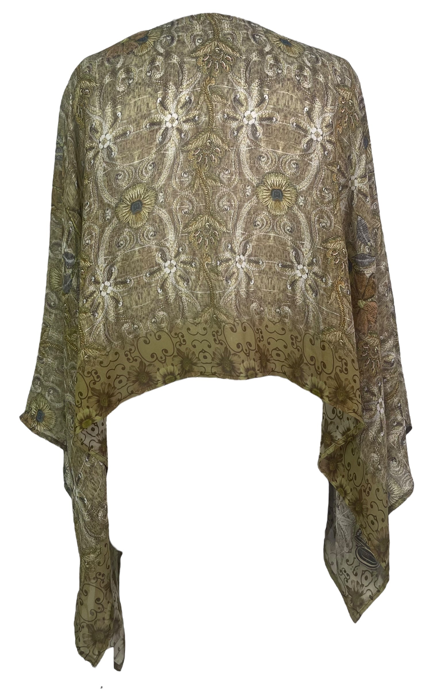 PREVIEW PRG7899 Sheer Avatar Pure Silk Capelet Poncho by DECEMBER2025 – Handmade ethical Poncho from sariKNOTsari using upcycled silk. Designed in Canada for travel and slow fashion, loved from Toronto to LA to Sydney.