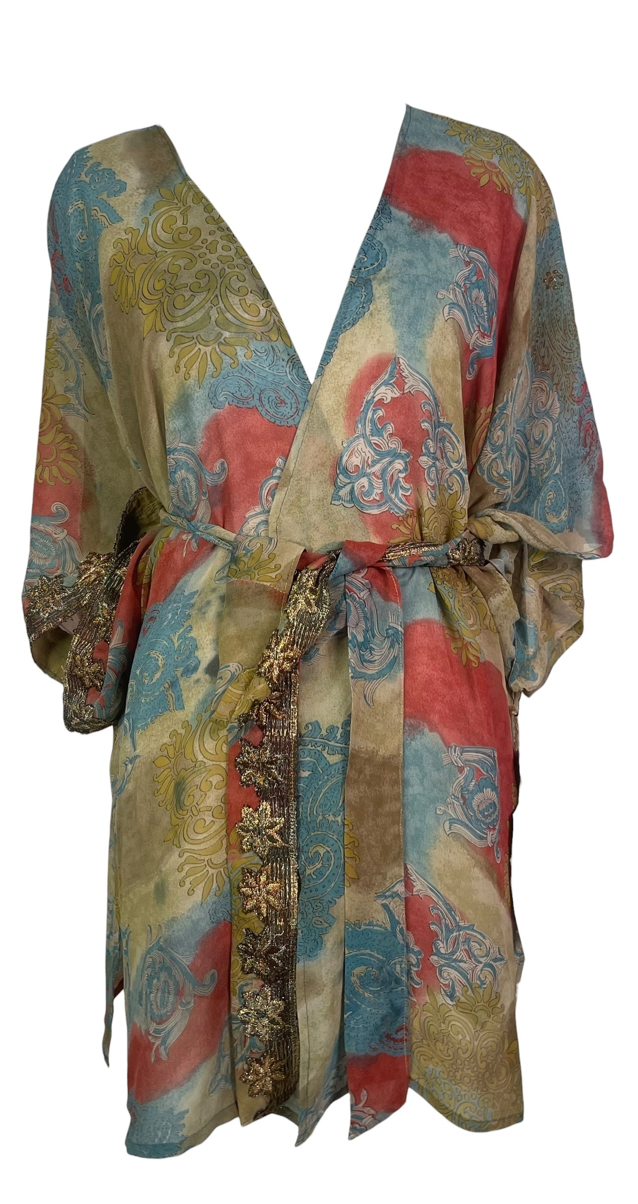 PRG8616 Sheer Wabi Sabi Pure Silk Kimono-Sleeved Jacket with Belt