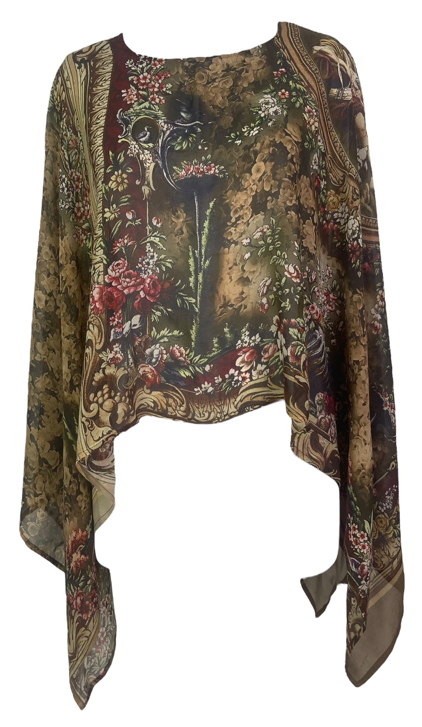 PREVIEW PRG8165 Sheer Avatar Pure Silk Capelet Poncho by DECEMBER2025 – Handmade ethical Poncho from sariKNOTsari using upcycled silk. Designed in Canada for travel and slow fashion, loved from Toronto to LA to Sydney.