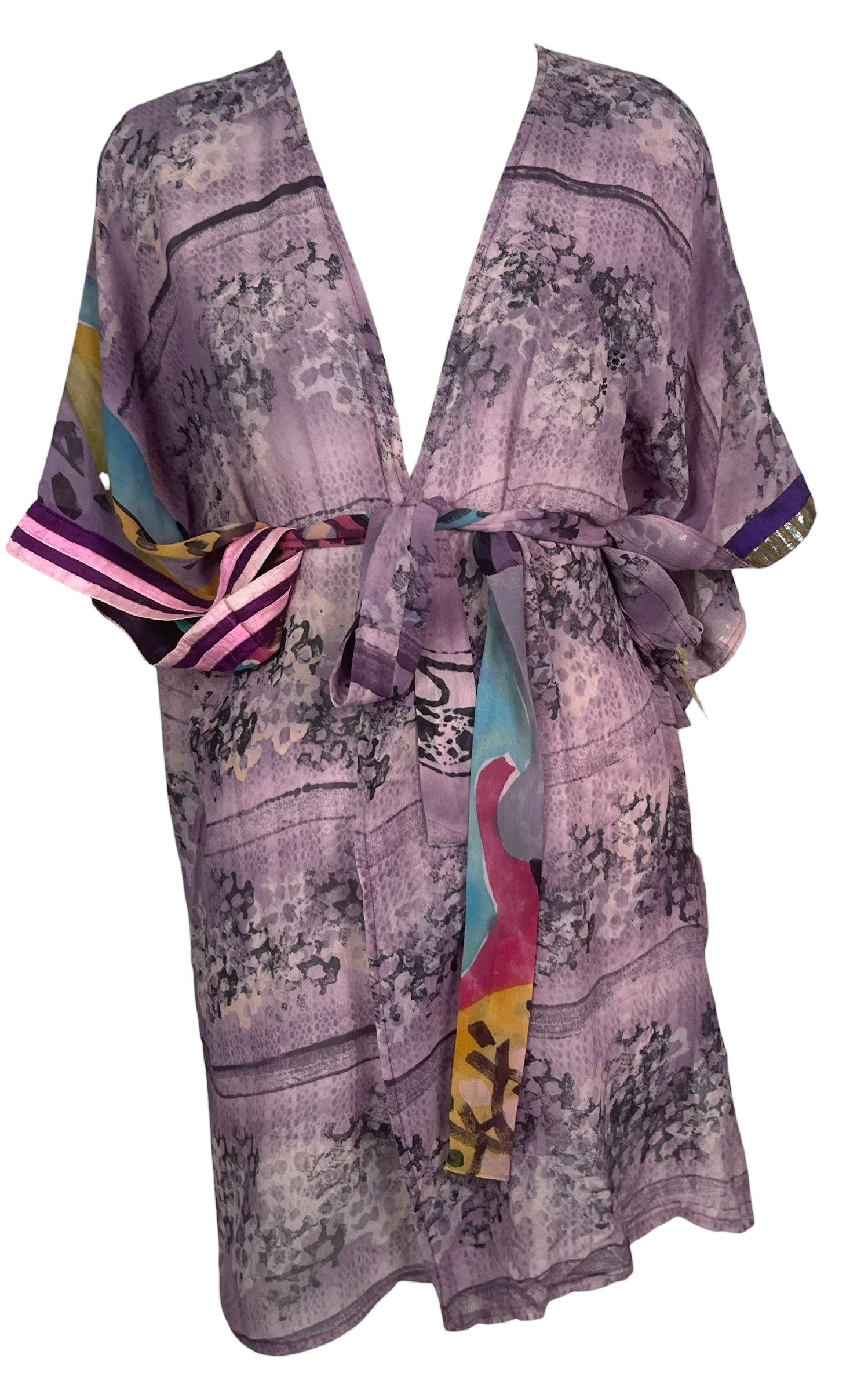 PREVIEW PRG8516 Sheer Wabi Sabi Pure Silk Kimono-Sleeved Jacket with Belt by MARCH2026 – Handmade ethical Short Kimono from sariKNOTsari using upcycled silk. Designed in Canada for travel and slow fashion, loved from Toronto to LA to Sydney. Featuring Zsiska, Bryn Walker and Artisan Leather coats by Rejean Pepin, Pepin designs