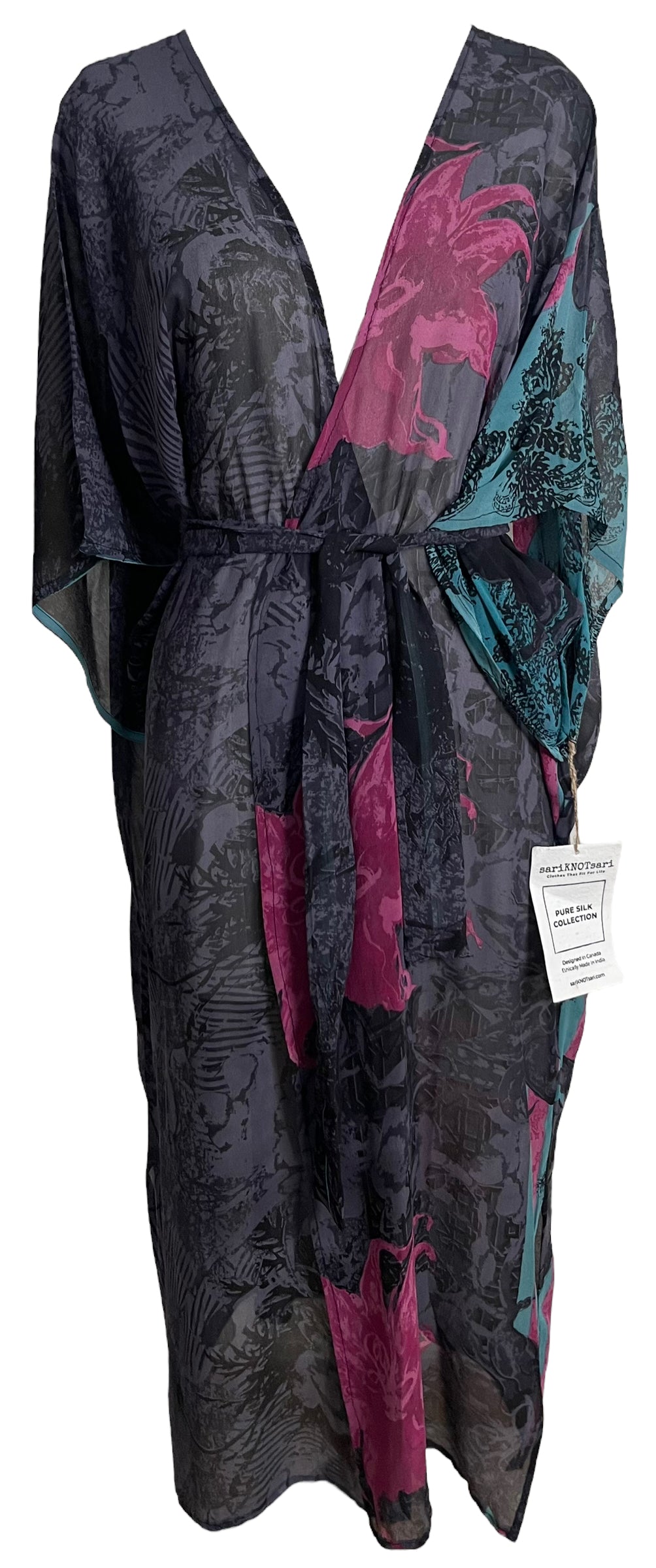 PRG5827 Sheer Avatar Long Pure Silk Kimono Sleeved Duster with Belt