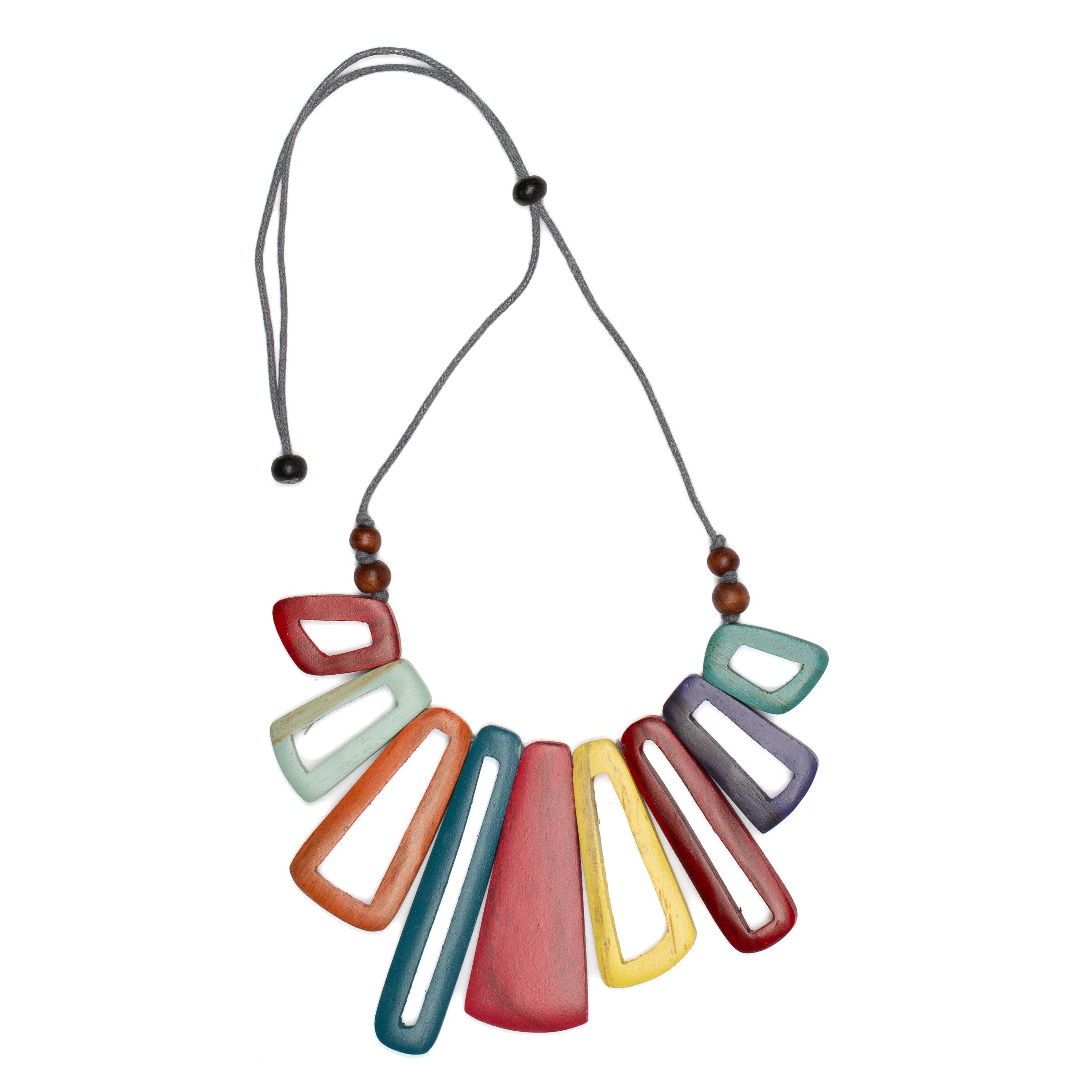 Bright Multi Short Tinted Wood Fan Necklace