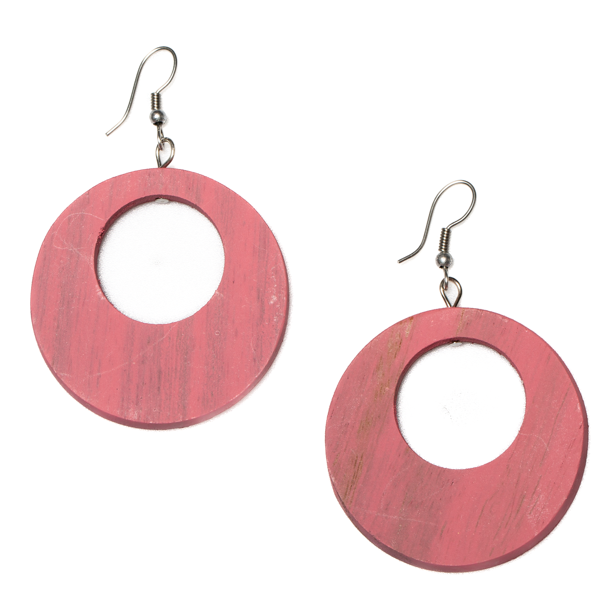 Pink Round Tinted Wooden Hoop Earrings