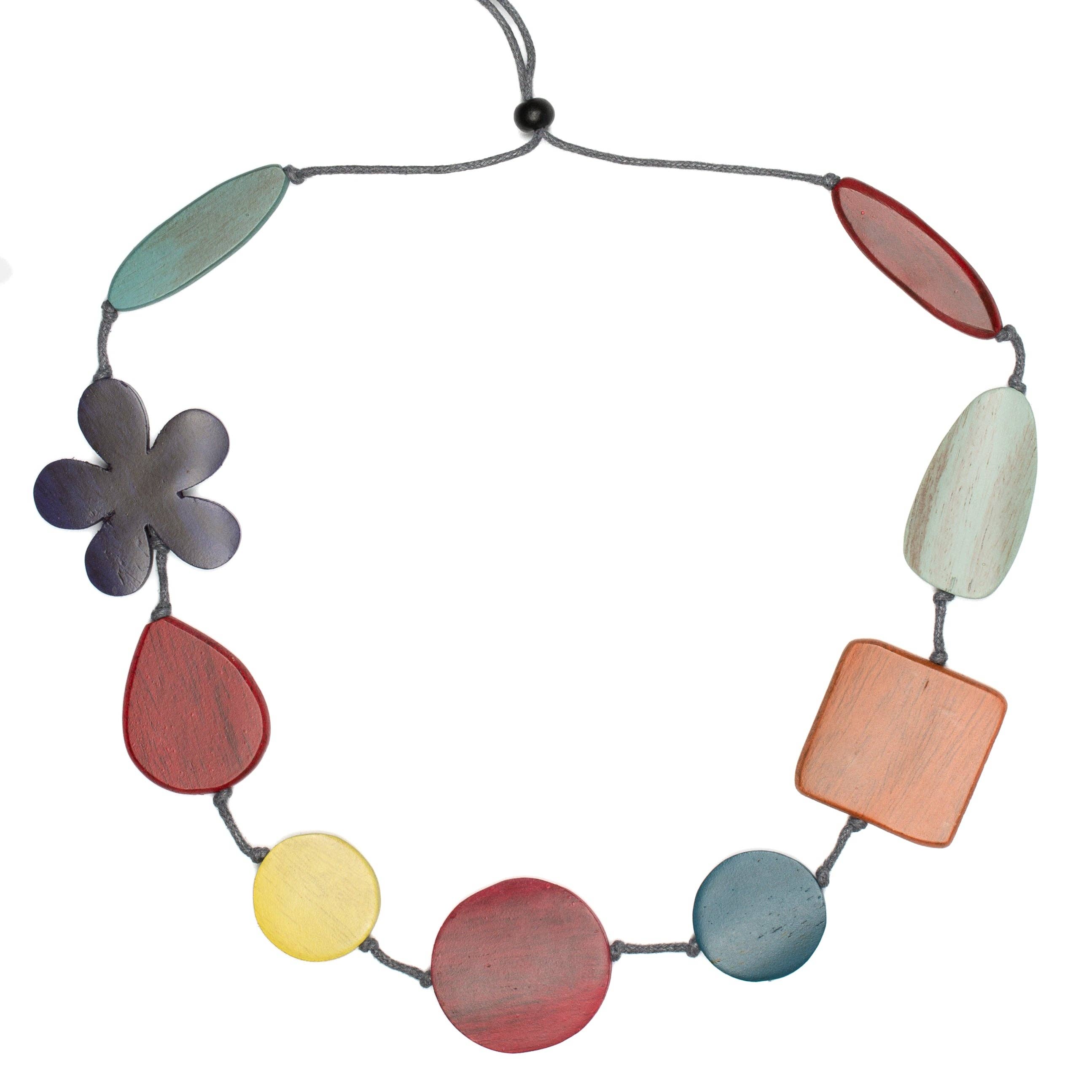 Bright Multi Tinted Wood Mix Shape & Flower Necklace