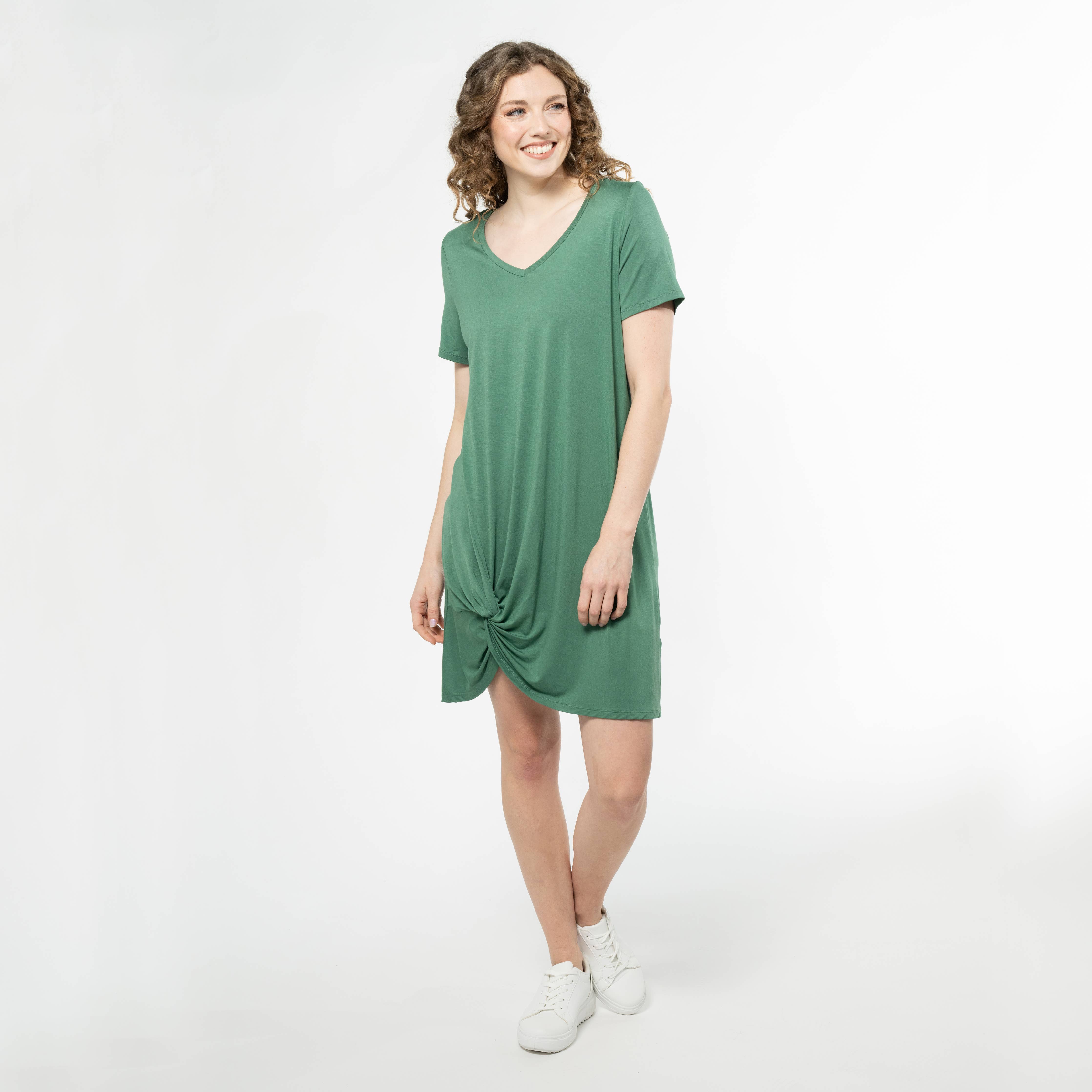 Lilah Twist Knot Bamboo T-shirt Dress - Forest Green