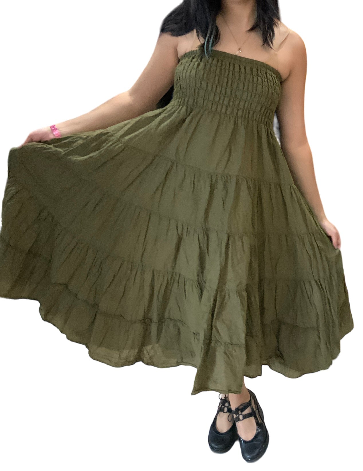 Olive Cotton Voile Tiered Skirt