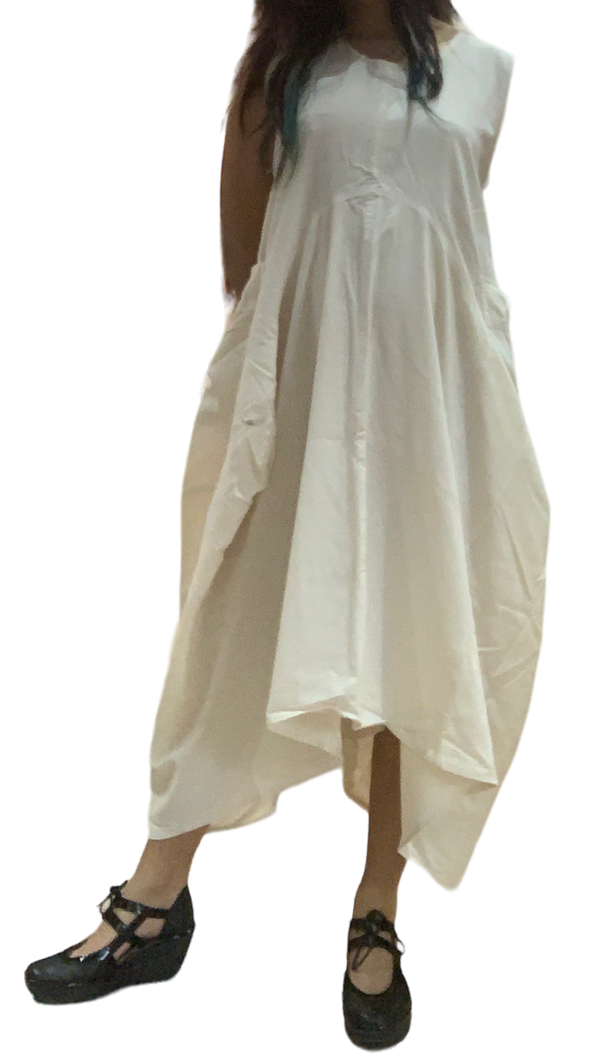 Creamy White Cotton Parachute Dress with Pockets