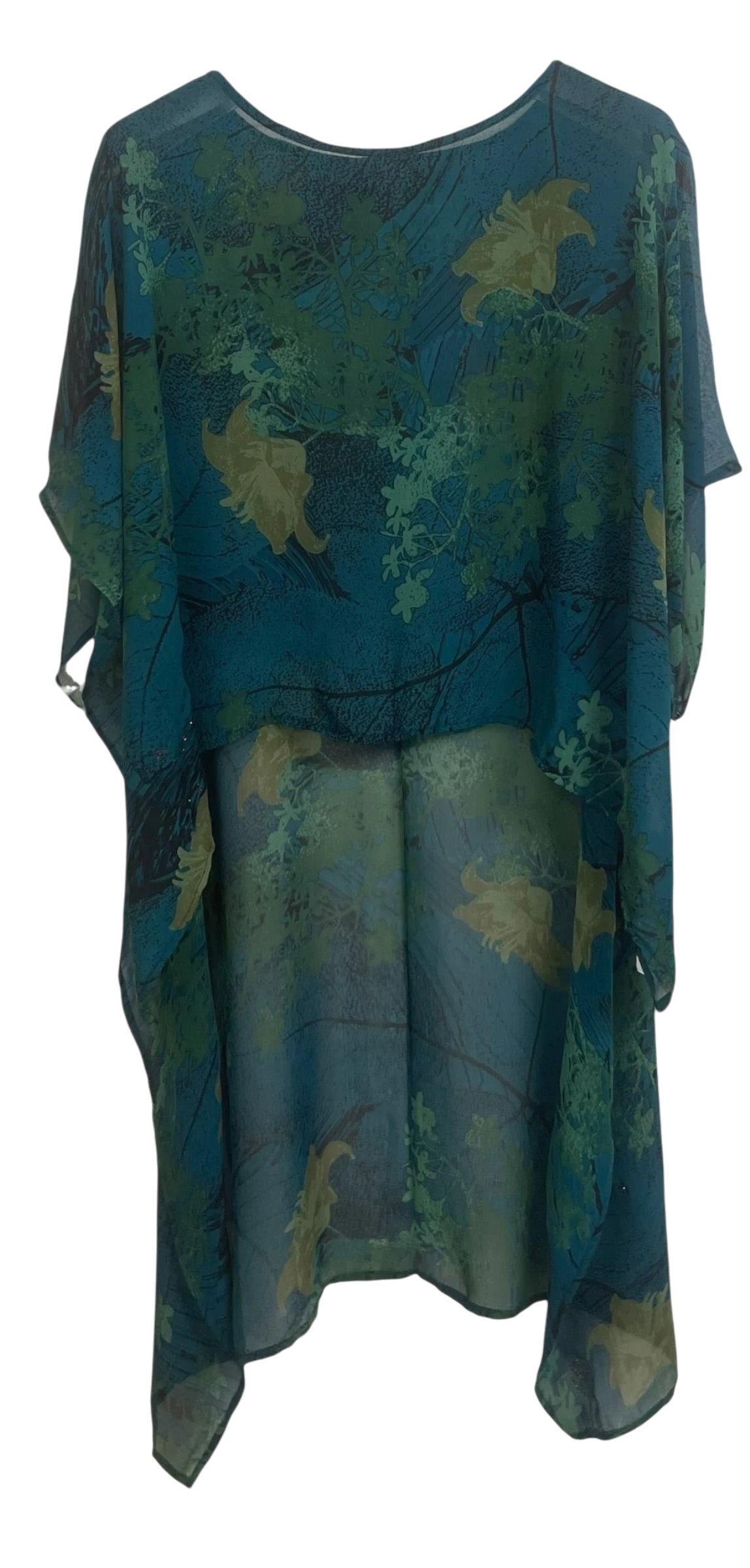 sariKNOTsari sheer blue silk hi-lo top with green floral print and appliqué details