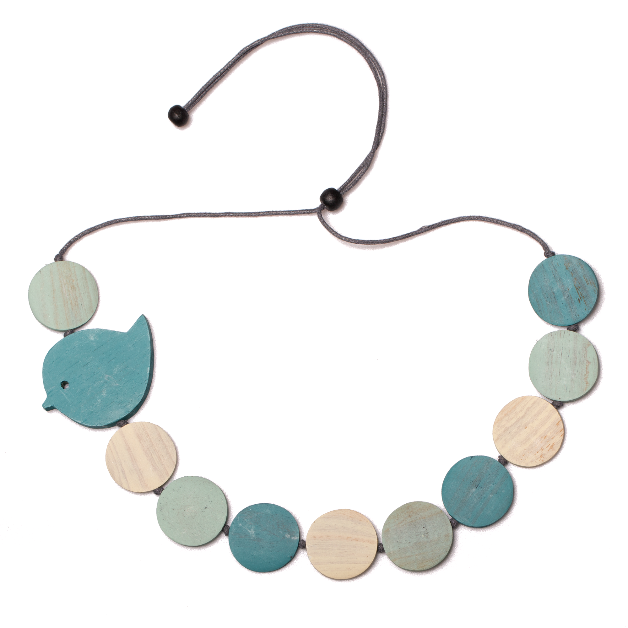 Teal Tones Fat Bird On Wooden Disc Necklace