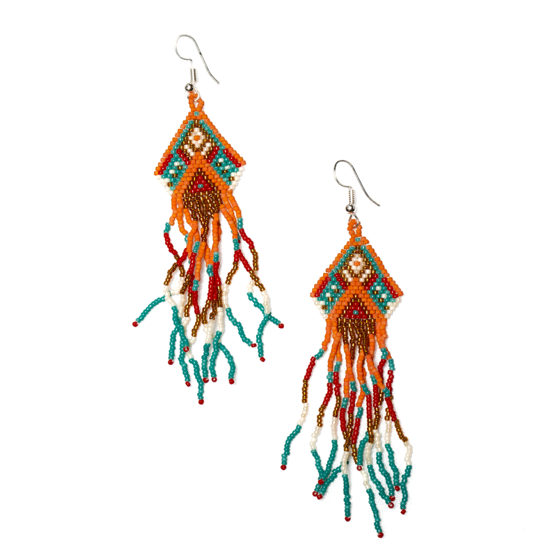 Orange Red and Teal Beaded Aztec Style Earrings