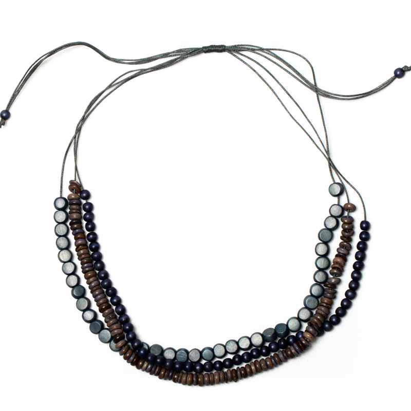 Navy and Brown Triple Strand Mixed Wood Necklace