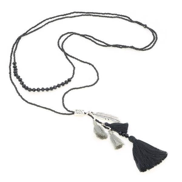2-Tiered Beaded Black Necklace With Crystal & Tassles