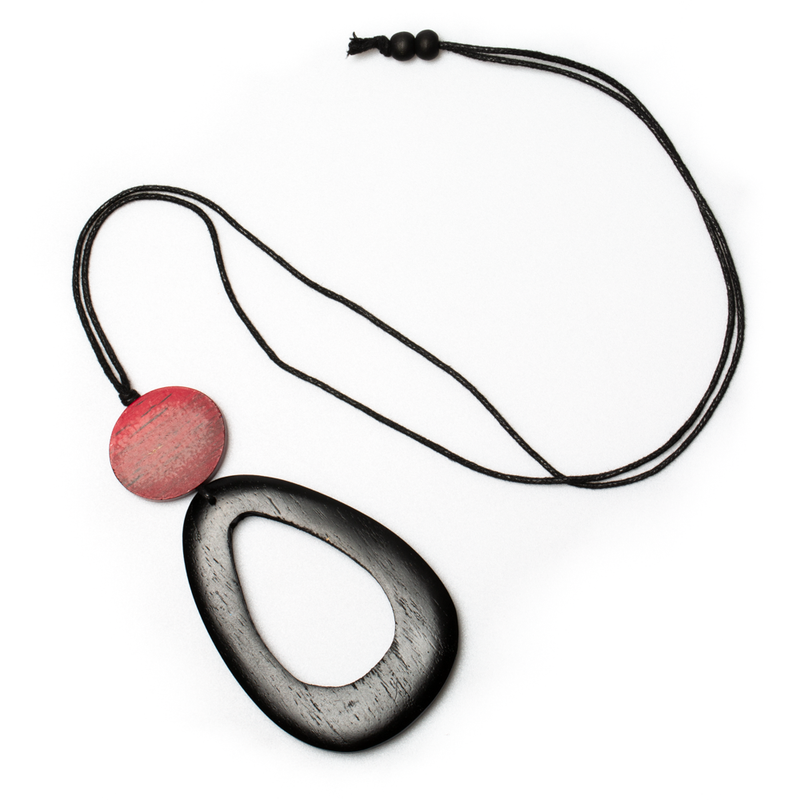 Red and Black Oval Hoop Wooden Pendant Necklace