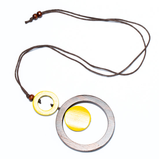 Yellow Wooden Ring and Disc Necklace - sariKNOTsari slow fashion bryn walker linen Hamilton sustainable fashion gifts sari not sari Hamilton Fair trade  Ethical  Artisan made  Zero waste  Up-cycled Slow Fashion  Handmade  GTA Toronto Copper Pure Upcycled vintage silk handmade recycled recycle copper pure silk travel clothing hamilton vacation cruisewear resortwear bathing suit bathingsuit vacation etsy silk clothing gifts gift dress top pants linen bryn walker alive intentions kaarigar elephants