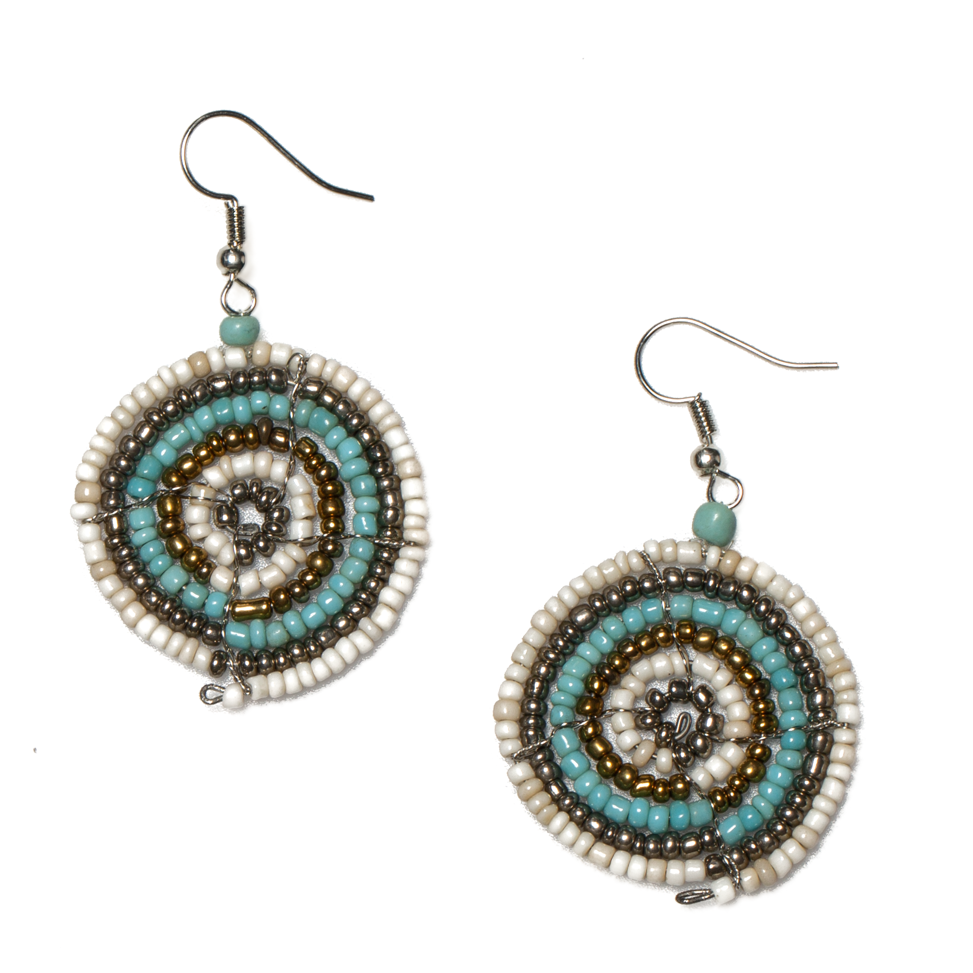 Turquoise and White Beaded Circle Earrings