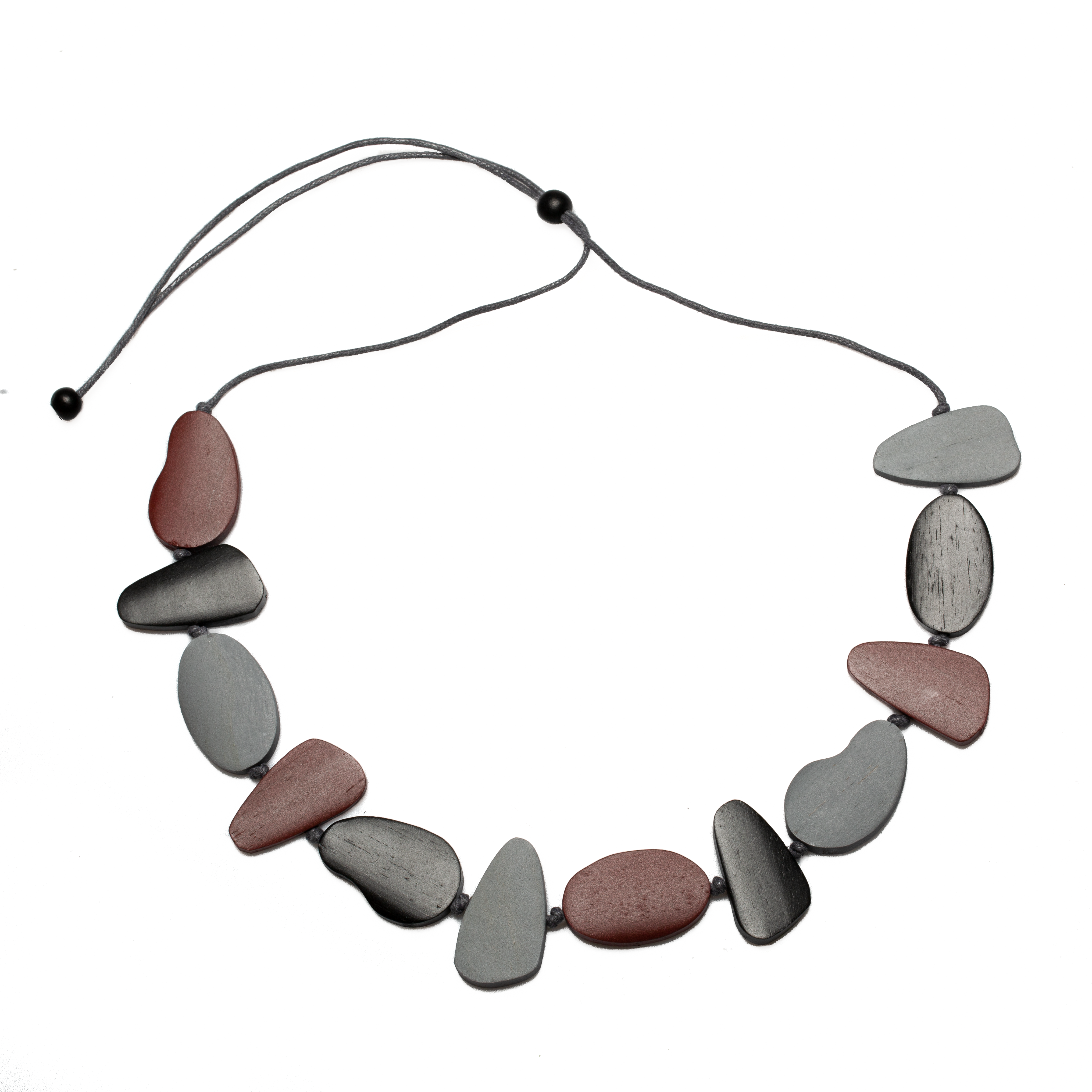 Maroon and Grey Wooden Pebble Necklace