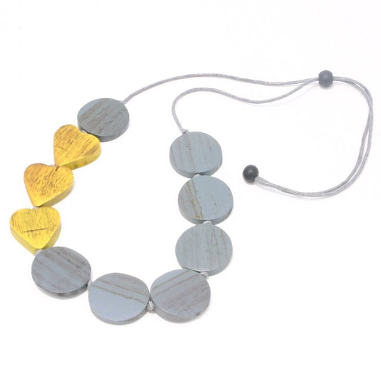 Grey and Yellow Wooden Heart & Disc Necklace - sariKNOTsari slow fashion bryn walker linen Hamilton sustainable fashion gifts sari not sari Hamilton Fair trade  Ethical  Artisan made  Zero waste  Up-cycled Slow Fashion  Handmade  GTA Toronto Copper Pure Upcycled vintage silk handmade recycled recycle copper pure silk travel clothing hamilton vacation cruisewear resortwear bathing suit bathingsuit vacation etsy silk clothing gifts gift dress top pants linen bryn walker alive intentions kaarigar elephants