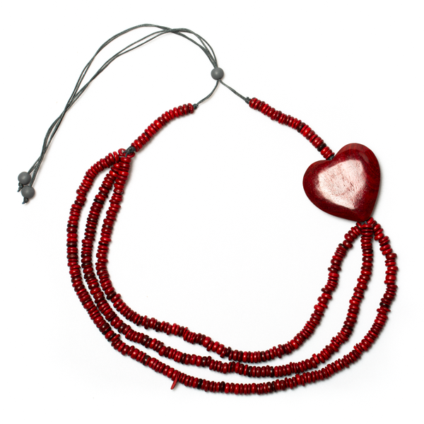 Red Triple Strand Coconut Bead & Wooden Heart Necklace