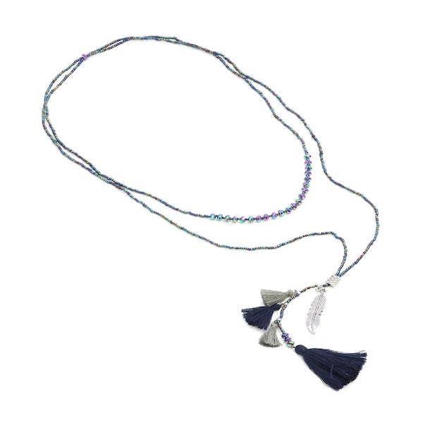 2-Tiered Blue Beaded Necklace With Crystal & Tassels