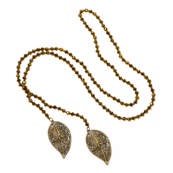 Bronze Long Double Leaf Crystal Necklace