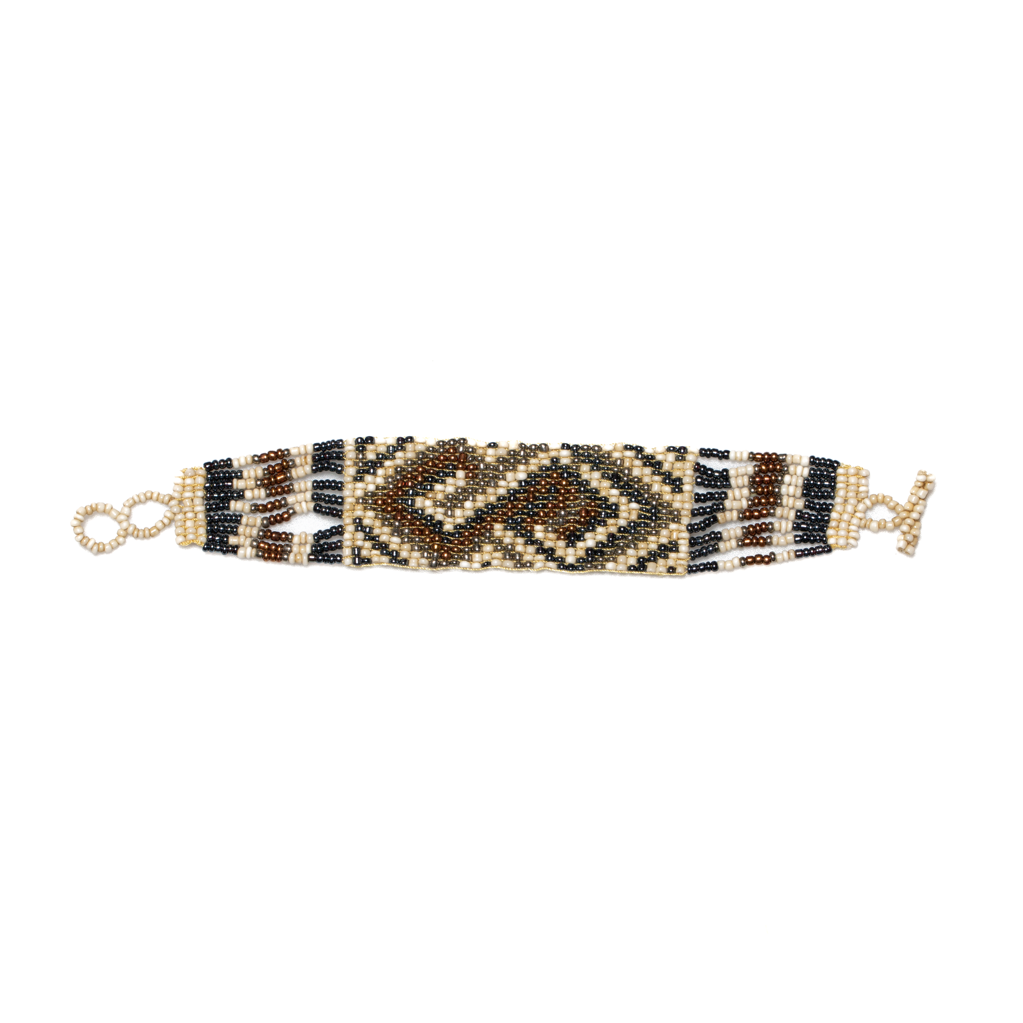 Cream Brown and Black Beaded Aztec Style Wrap Bracelet