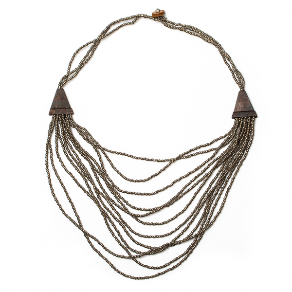 Grey Beaded Multi Strand Wooden Side Necklace