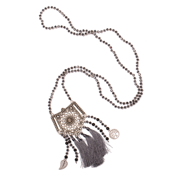 Long Crystal Grey Necklace with With Patterned Metal Pendant