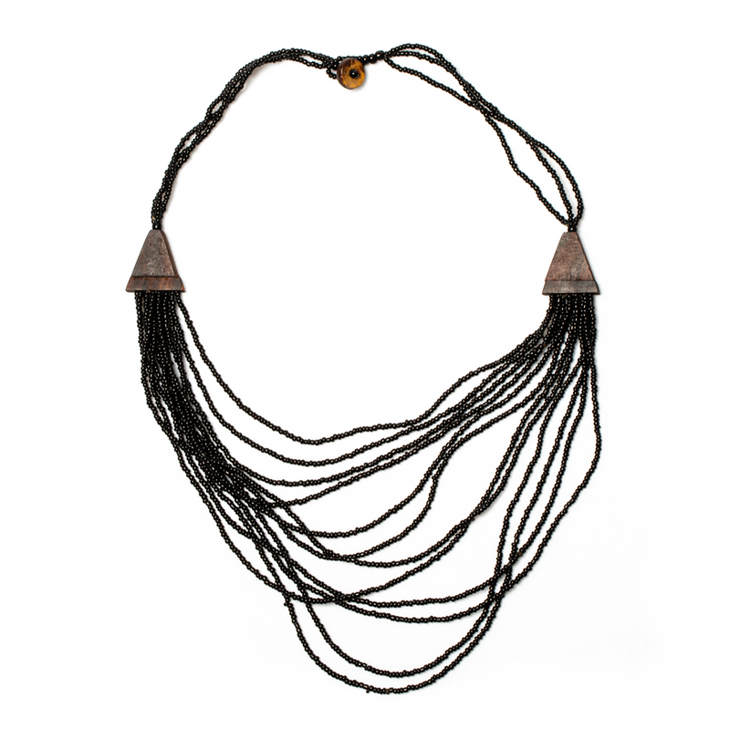 Black Beaded Multi Strand Wooden Side Necklace