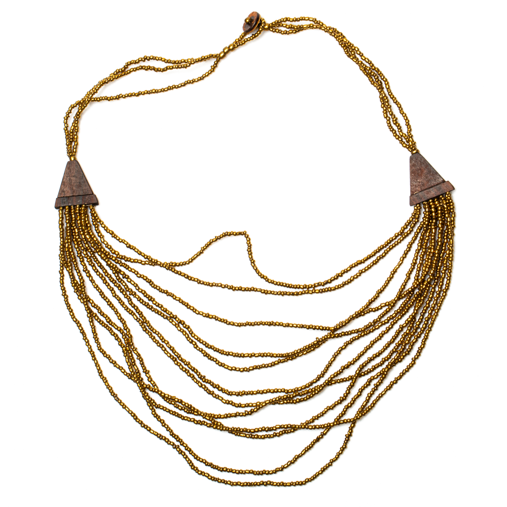 Bronze Beaded Multi Strand Wooden Side Necklace