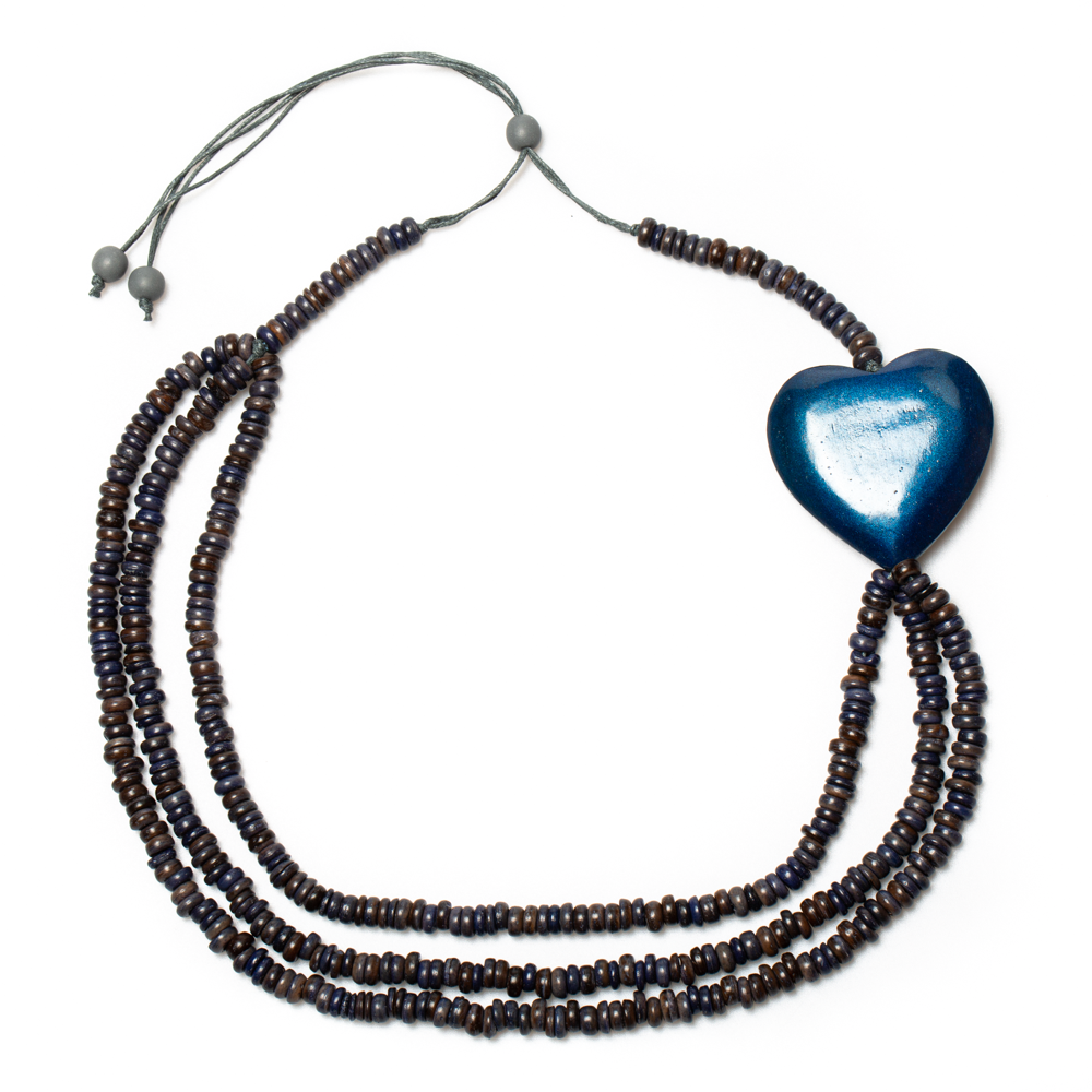 Navy Triple Strand Coconut Bead & Wooden Heart Necklace