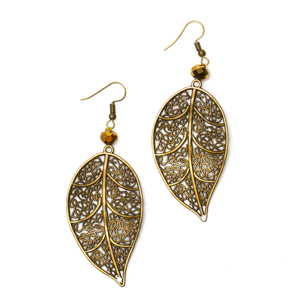 Gold Tone Leaf & Crystal Earrings