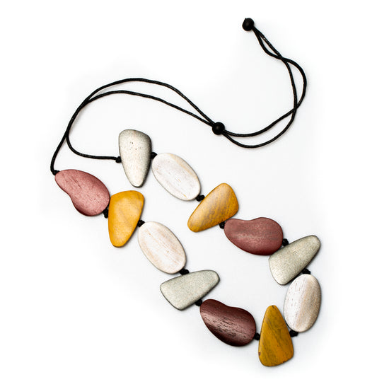 Maroon Tinted Wooden Pebble Necklace