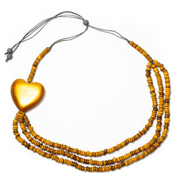 Mustard Triple Strand Coconut Bead & Wooden Heart Necklace