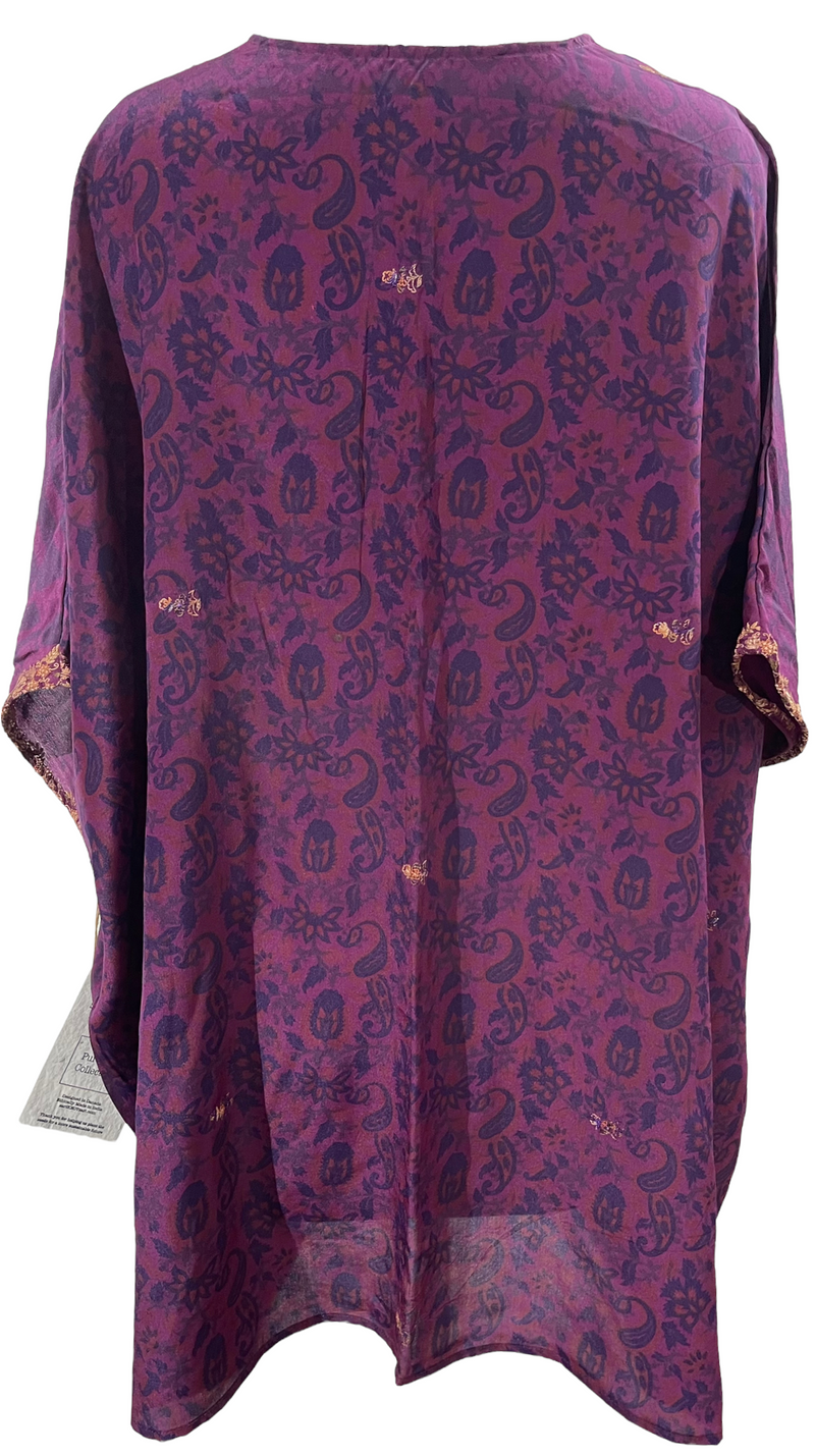 PRC1154 Meg Pure Silk Short Kaftan Tunic - sariKNOTsari slow fashion bryn walker linen Hamilton sustainable fashion gifts sari not sari Hamilton Fair trade  Ethical  Artisan made  Zero waste  Up-cycled Slow Fashion  Handmade  GTA Toronto Copper Pure Upcycled vintage silk handmade recycled recycle copper pure silk travel clothing hamilton vacation cruisewear resortwear bathing suit bathingsuit vacation etsy silk clothing gifts gift dress top pants linen bryn walker alive intentions kaarigar elephants