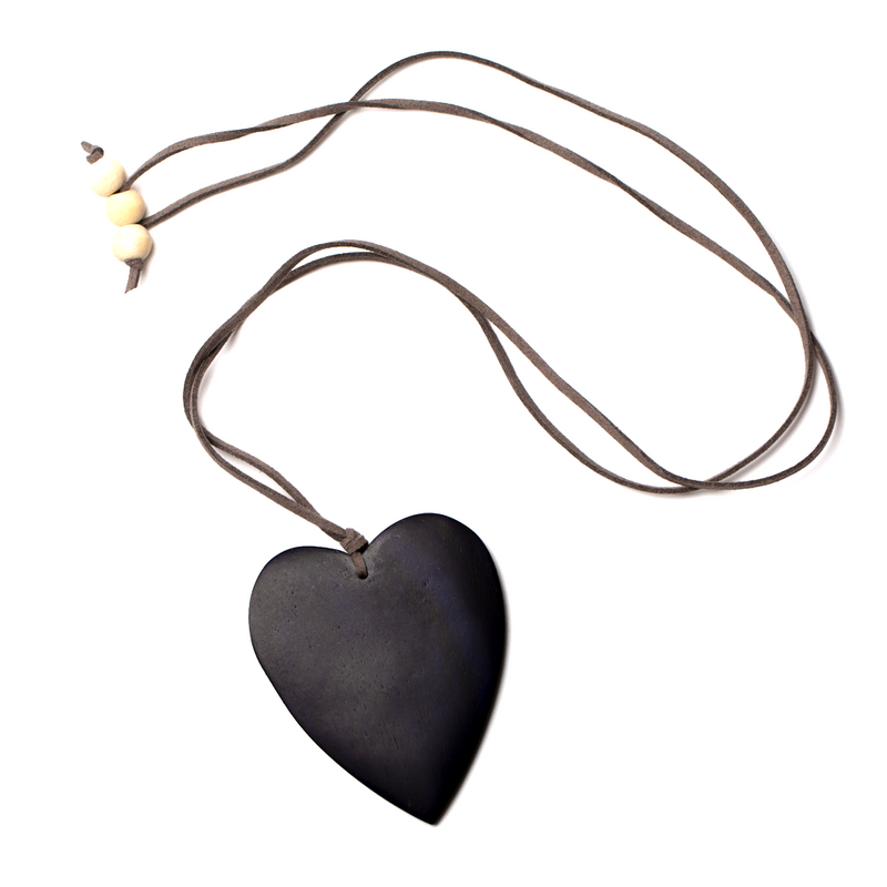 Dark Blue Simple Wooden Heart  Necklace - sariKNOTsari slow fashion bryn walker linen Hamilton sustainable fashion gifts sari not sari Hamilton Fair trade  Ethical  Artisan made  Zero waste  Up-cycled Slow Fashion  Handmade  GTA Toronto Copper Pure Upcycled vintage silk handmade recycled recycle copper pure silk travel clothing hamilton vacation cruisewear resortwear bathing suit bathingsuit vacation etsy silk clothing gifts gift dress top pants linen bryn walker alive intentions kaarigar elephants