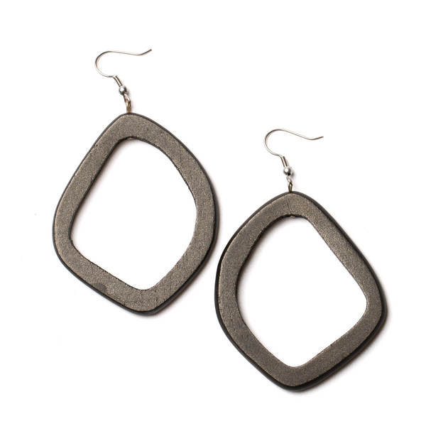Grey Wooden Ring Teak Earrings - sariKNOTsari slow fashion bryn walker linen Hamilton sustainable fashion gifts sari not sari Hamilton Fair trade  Ethical  Artisan made  Zero waste  Up-cycled Slow Fashion  Handmade  GTA Toronto Copper Pure Upcycled vintage silk handmade recycled recycle copper pure silk travel clothing hamilton vacation cruisewear resortwear bathing suit bathingsuit vacation etsy silk clothing gifts gift dress top pants linen bryn walker alive intentions kaarigar elephants