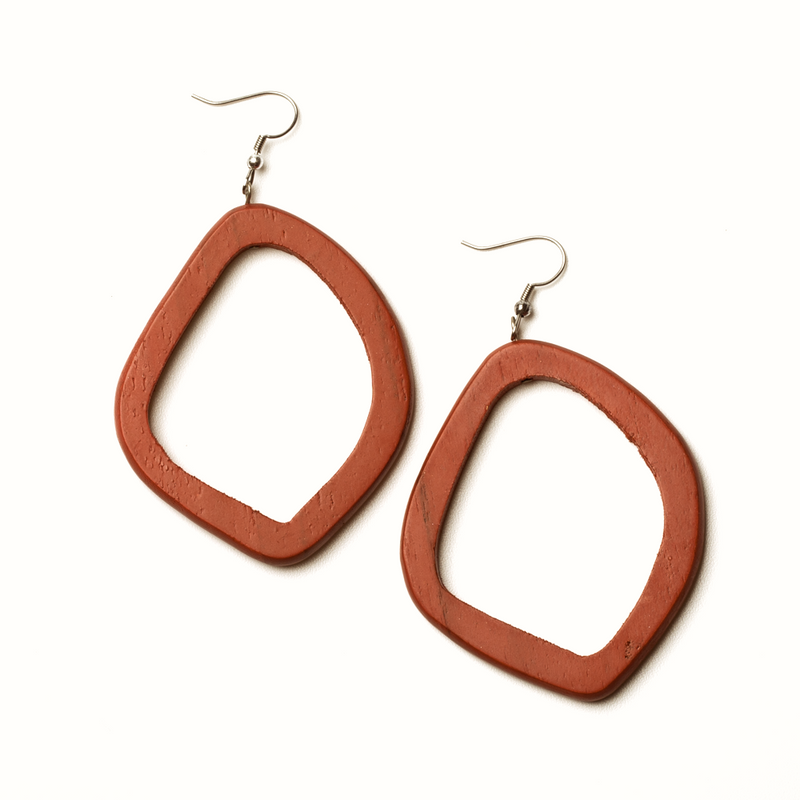Maroon Wooden Ring Teak Earrings - sariKNOTsari slow fashion bryn walker linen Hamilton sustainable fashion gifts sari not sari Hamilton Fair trade  Ethical  Artisan made  Zero waste  Up-cycled Slow Fashion  Handmade  GTA Toronto Copper Pure Upcycled vintage silk handmade recycled recycle copper pure silk travel clothing hamilton vacation cruisewear resortwear bathing suit bathingsuit vacation etsy silk clothing gifts gift dress top pants linen bryn walker alive intentions kaarigar elephants