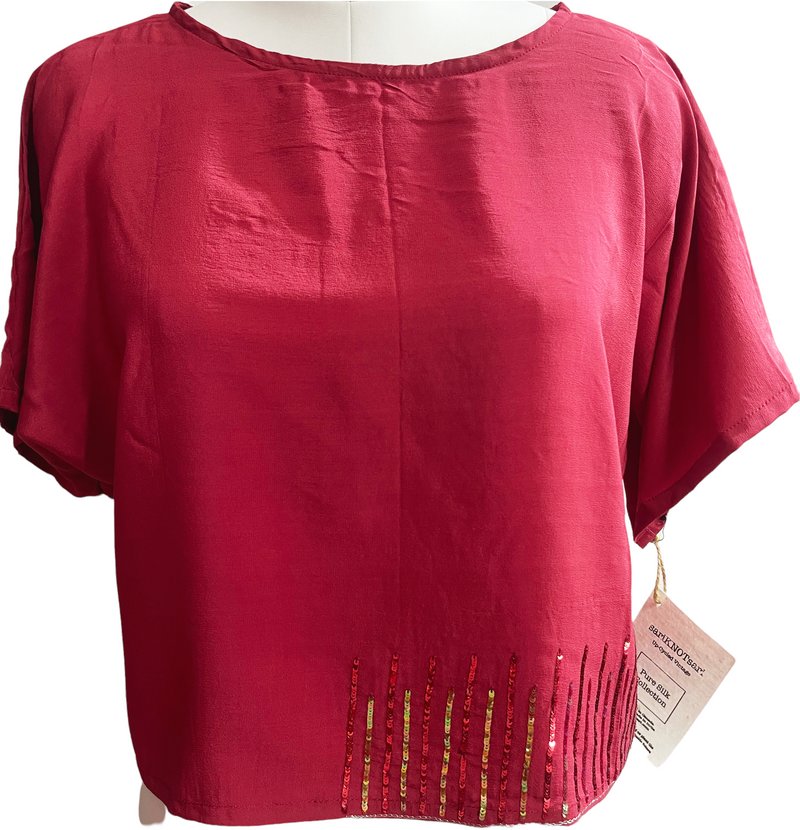PRC499 Mirelli Pure Silk Boxy Top - sariKNOTsari slow fashion bryn walker linen Hamilton sustainable fashion gifts sari not sari Hamilton Fair trade  Ethical  Artisan made  Zero waste  Up-cycled Slow Fashion  Handmade  GTA Toronto Copper Pure Upcycled vintage silk handmade recycled recycle copper pure silk travel clothing hamilton vacation cruisewear resortwear bathing suit bathingsuit vacation etsy silk clothing gifts gift dress top pants linen bryn walker alive intentions kaarigar elephants