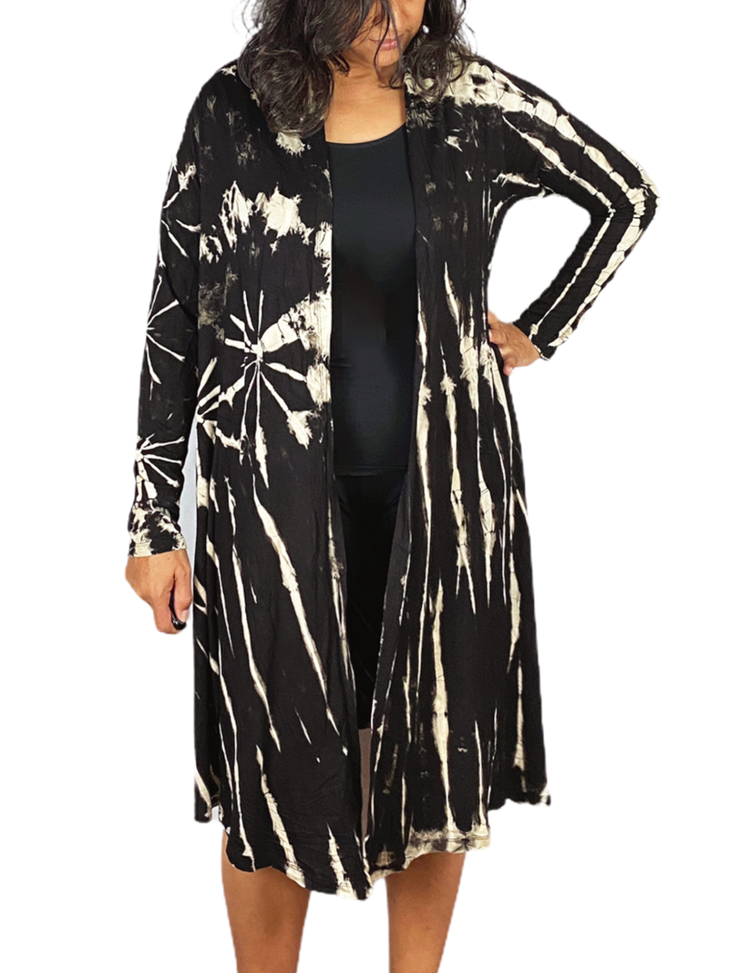 Black and White Long Tie Dye Cardigan - sariKNOTsari slow fashion bryn walker linen Hamilton sustainable fashion gifts sari not sari Hamilton Fair trade  Ethical  Artisan made  Zero waste  Up-cycled Slow Fashion  Handmade  GTA Toronto Copper Pure Upcycled vintage silk handmade recycled recycle copper pure silk travel clothing hamilton vacation cruisewear resortwear bathing suit bathingsuit vacation etsy silk clothing gifts gift dress top pants linen bryn walker alive intentions kaarigar elephants